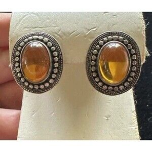Vintage sterling silver Embossed Western Amber Cabochon Huggie Earrings Hooks